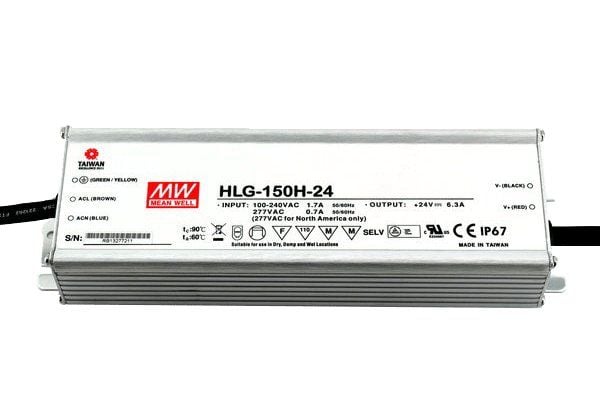 Strømforsyning HLG-150H-24A med tilslutninger og tekniske specifikationer vist på etiketten.