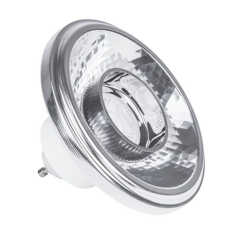 ES111-GU10 12W LED pære med spejlreflektor, vist fra siden på hvid baggrund.