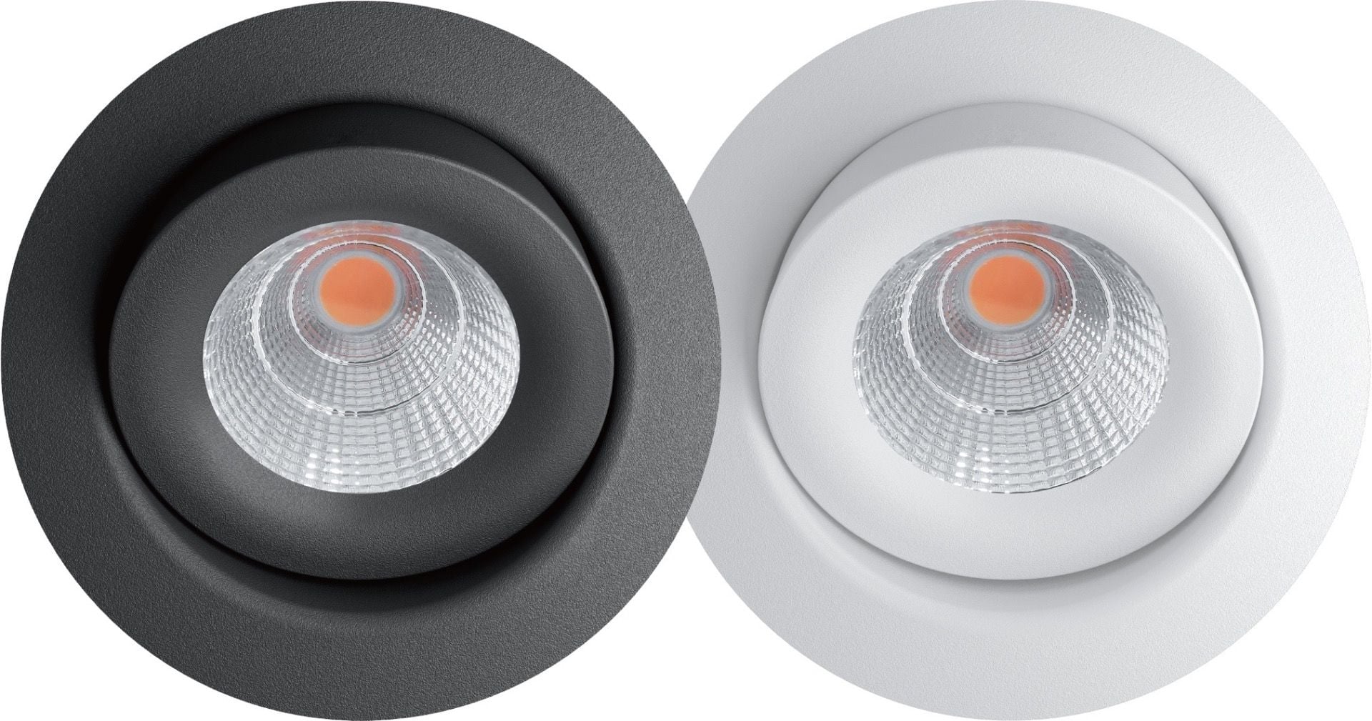To EVO3 GEN2 LED downlights i sort og hvid finish, ideel til moderne belysning.