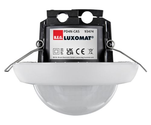 PD4N-CAS Casambi sensor til indbygning fra B.E.G. LUXOMAT, set forfra med model- og produktmærkning.