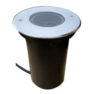 Oakland GU10 Ø116 nedgravningsspot med rund, sølvfarvet top og sort cylinder til udendørs belysning.