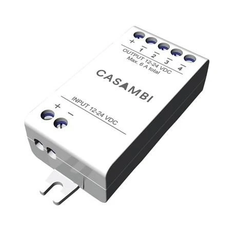 Casambi 4 kanals PWM4 Dimmer til LED, visning af indgangs- og udgangsterminaler.