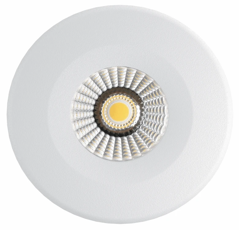 EVO E Fixed downlight med hvid ramme, vist forfra på produktets side.