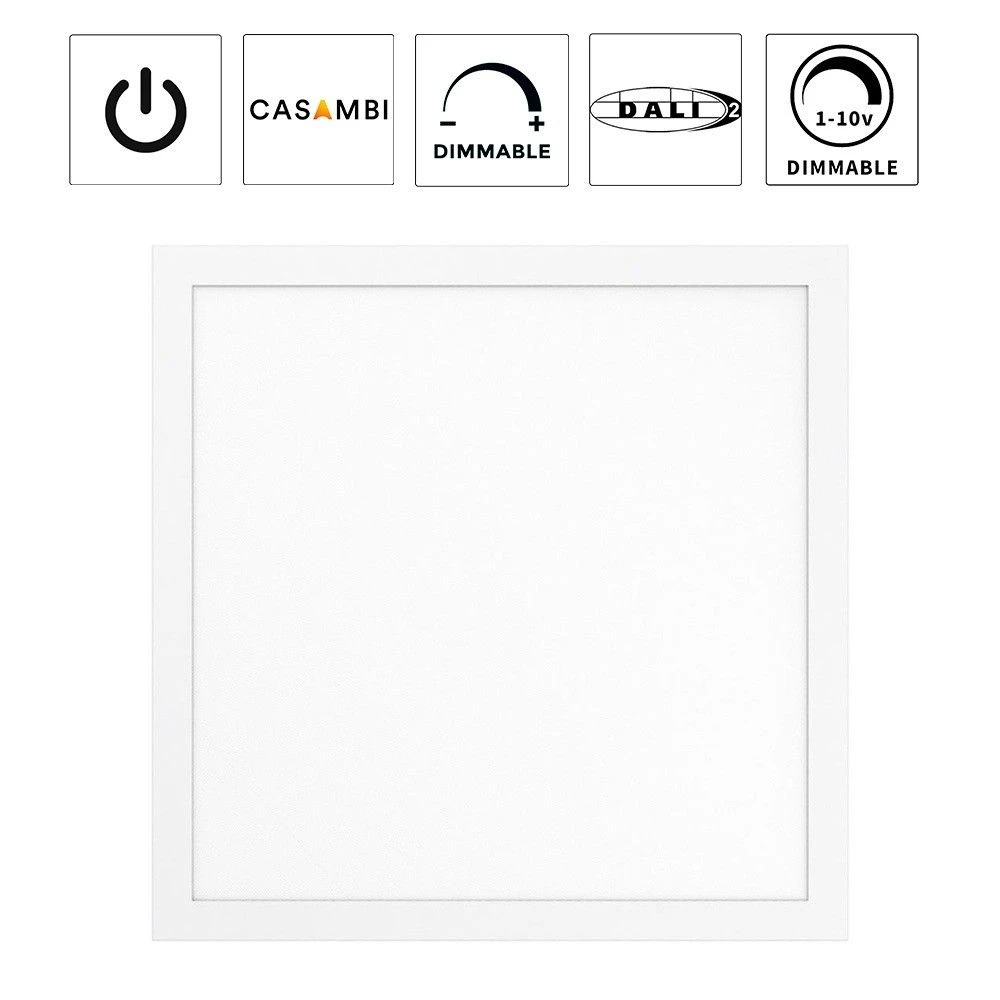 Toledo Ds LED panel med dæmpningsmuligheder, kvadratisk hvid ramme og styreikoner øverst.