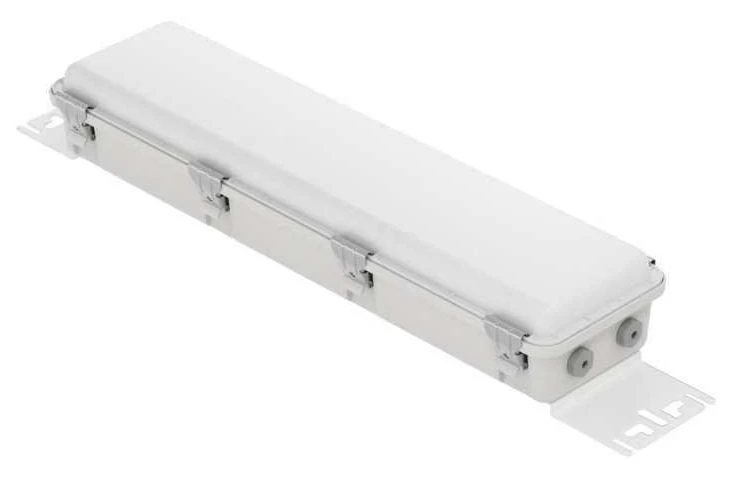 Sirius GEN2 LED armatur i hvidt kabinet, vist fra siden med monteringsbeslag og tilslutninger.