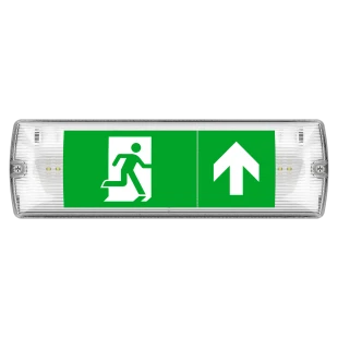 Mulo udlampe/flugtvej med grøn nødudgangssymbol og pil fremad, egnet til evakuering.